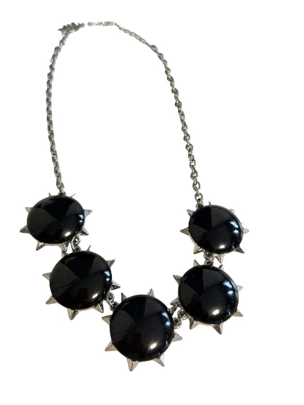 Vintage Charming Charlie Silver Tone Black Cabochon Spike Statement Necklace 16"